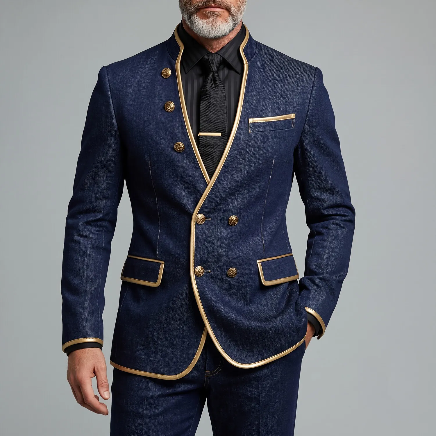 para hombre Navy Blue Denim Contrast Piping Stand Collar Double-Breasted chaqueta
