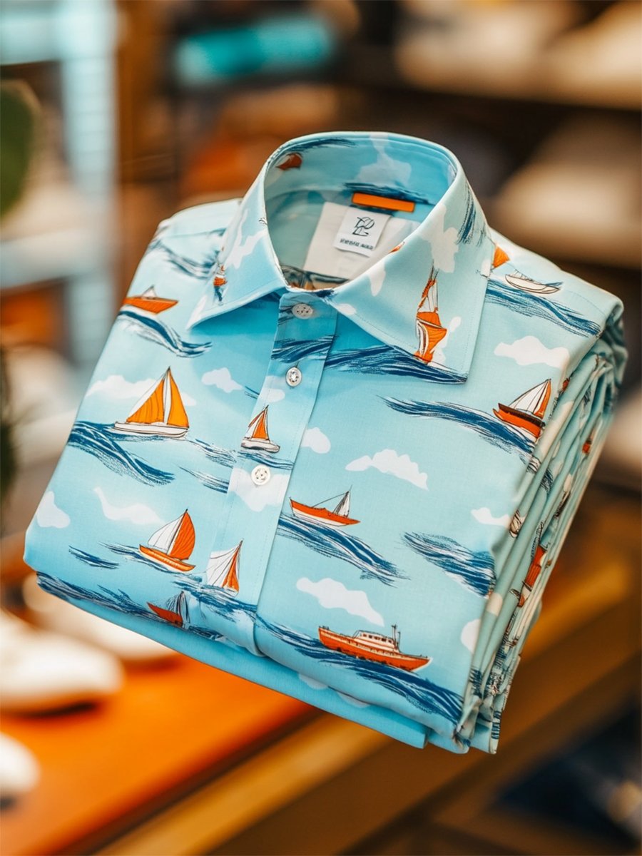Camisa Holiday casual Sailing Wave estampado de manga larga para hombre