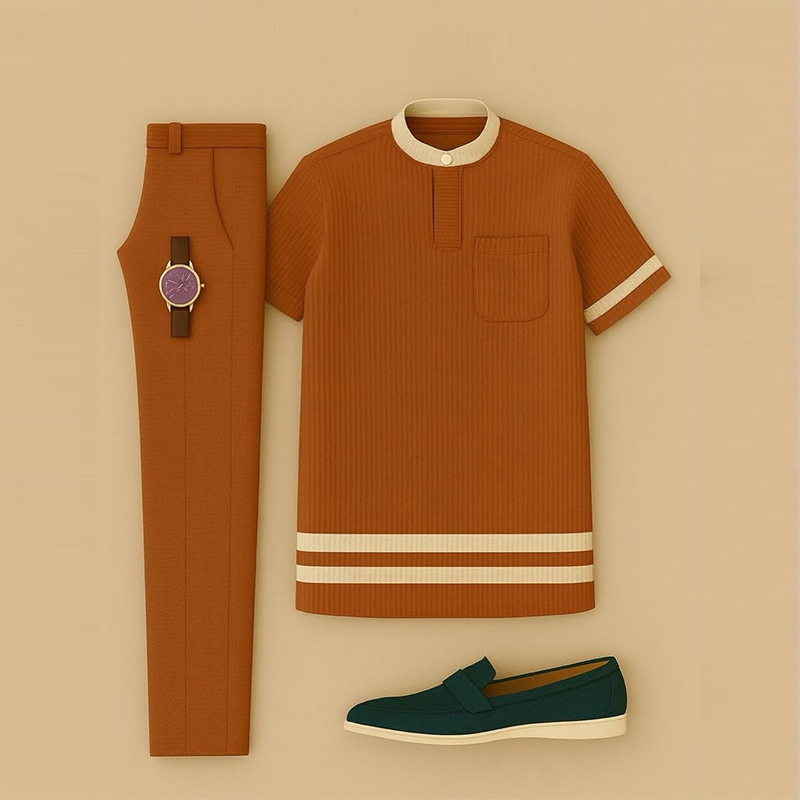 Conjunto de dos piezas casual Orange & Beige Color Matching a rayas estampado de manga corta Henry Collar camiseta & Trousers para hombre