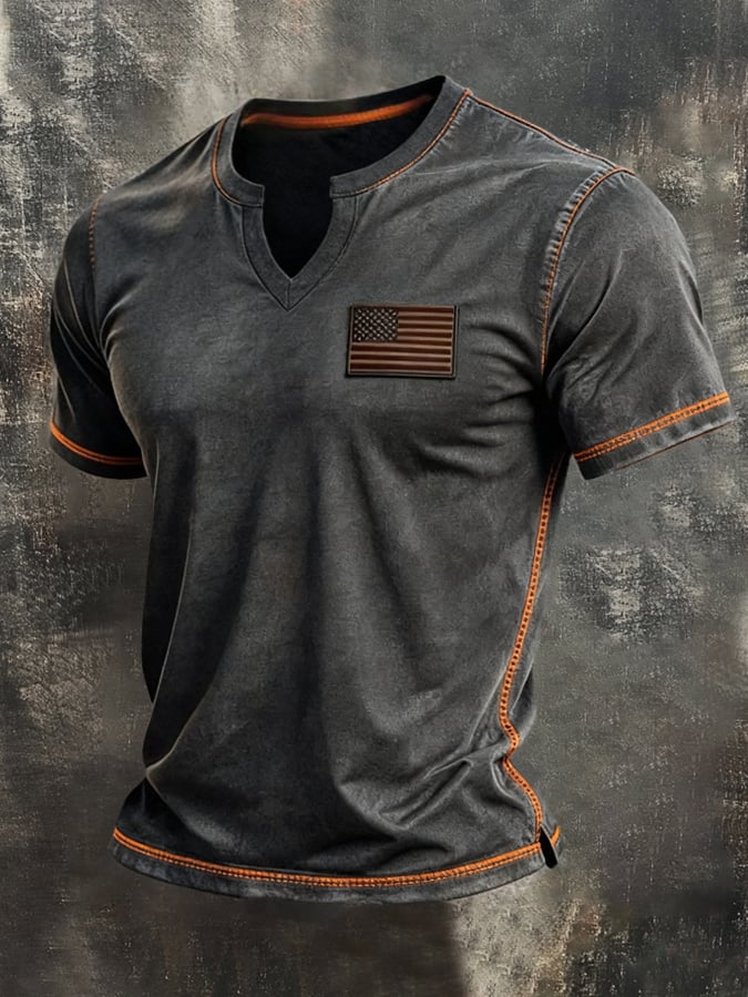 Camiseta retro Independence Day Patriotic Pure de algodón V-Neck de manga corta para hombre