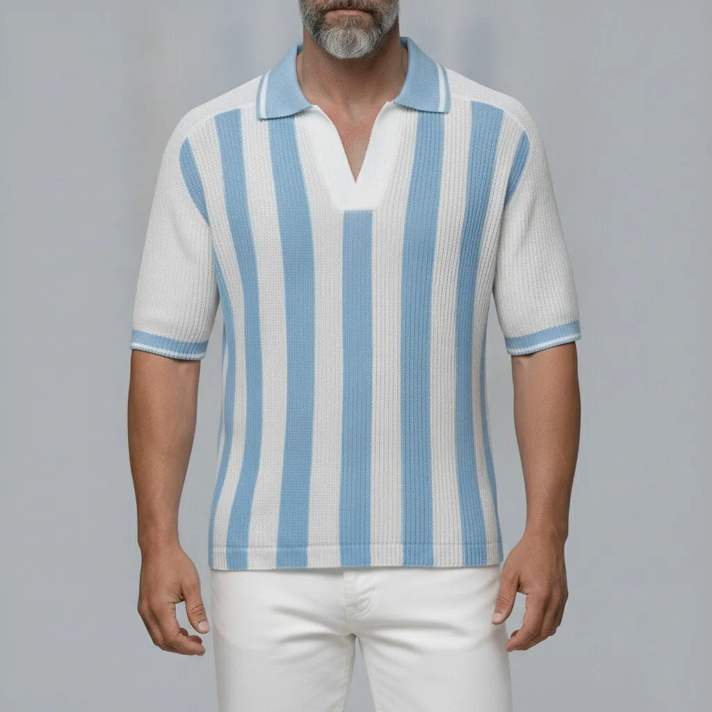Camisa polo White Contrast a rayas Pattern tejidoted de manga corta para hombre