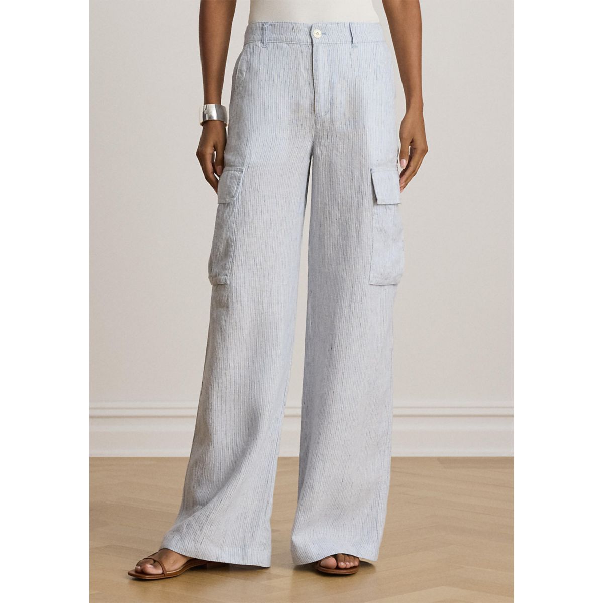 Pinstripe Linen Wide-Leg Cargo Pants - 1
