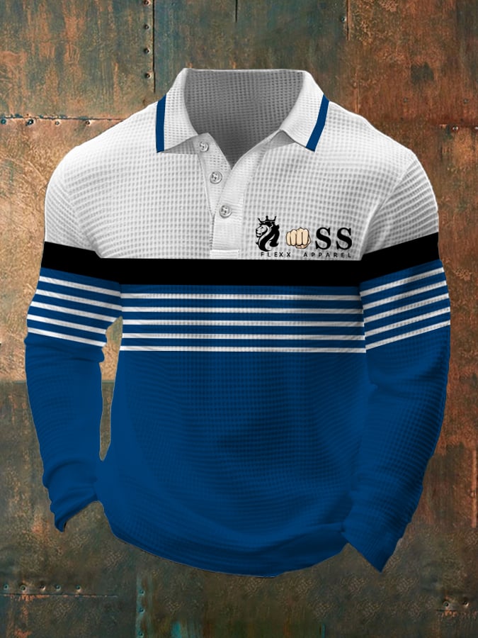 Camisa polo retro Letter Design Waffle Fabric de manga larga para hombre