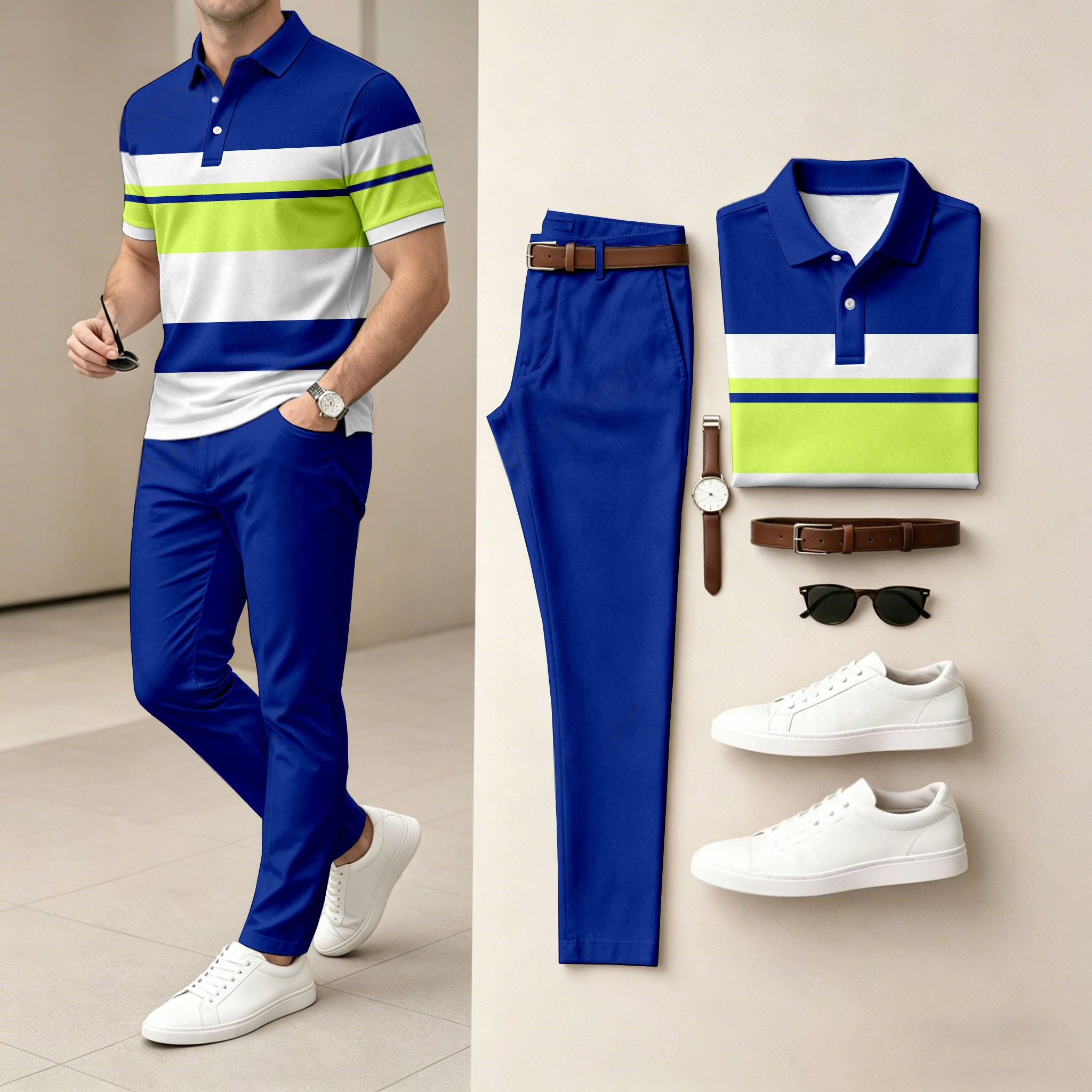 Conjunto de dos piezas casual a rayas Contrasting estampado camisa polo And pantalón para hombre