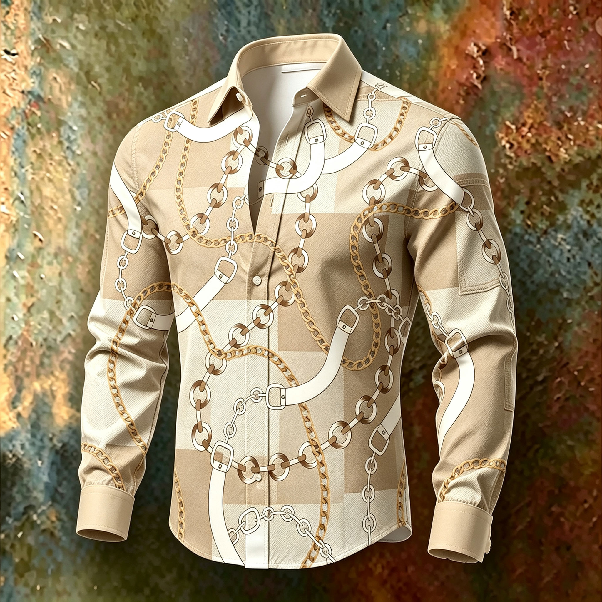 para hombre Gold-Chain Print de manga larga camisa