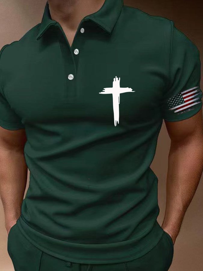 Camisa polo Flag Cross estampado Button casual para hombre