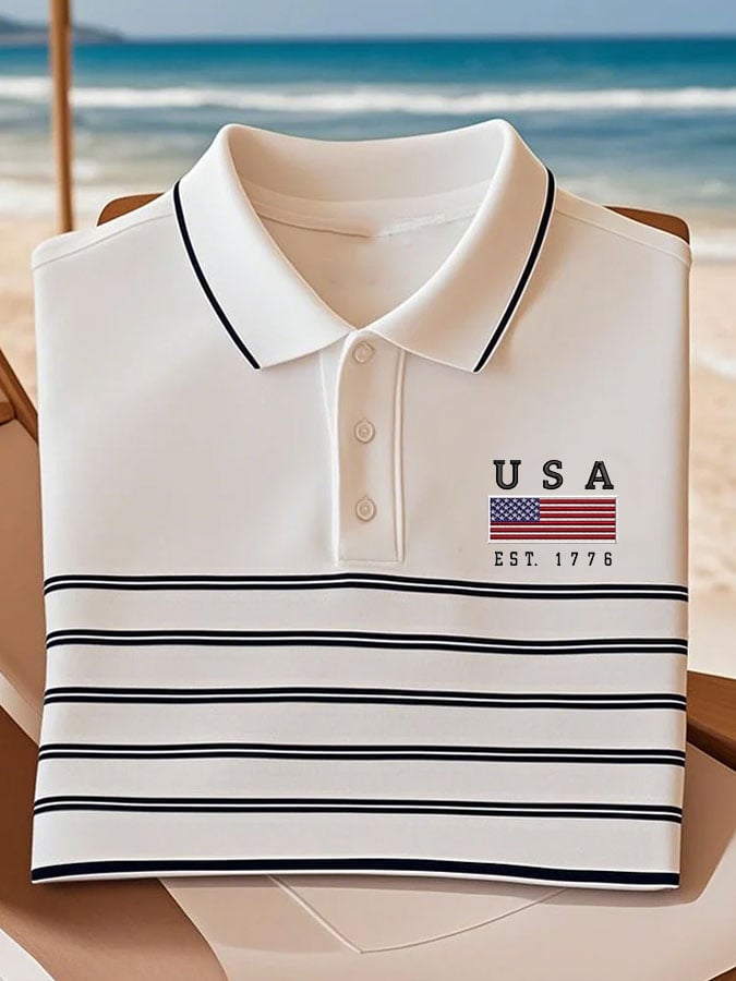 Camisa polo vintage American Flag estampado casual para hombre