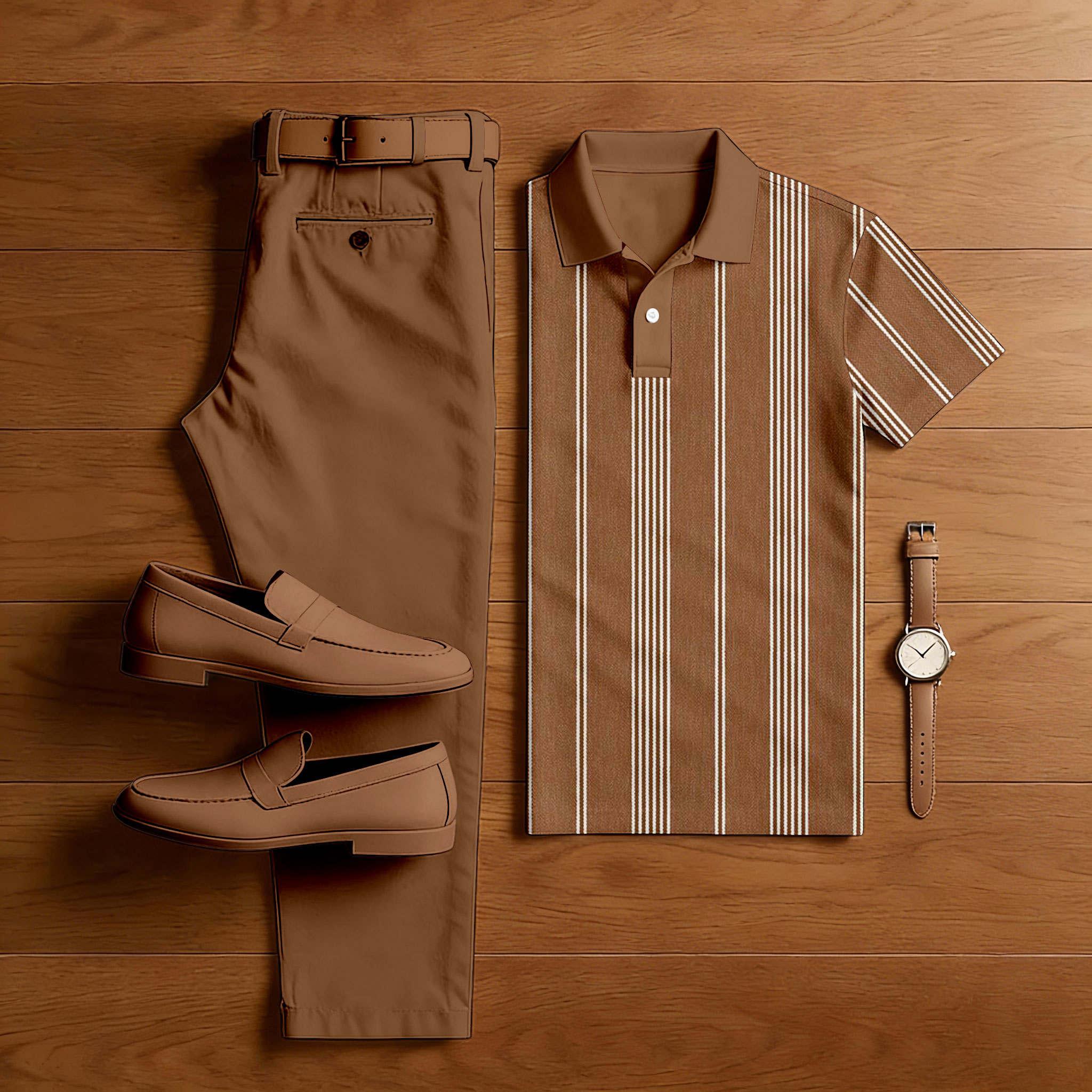 Conjunto de dos piezas casual Brown & White Color Matching a rayas estampado de manga corta camisa polo & Trousers para hombre