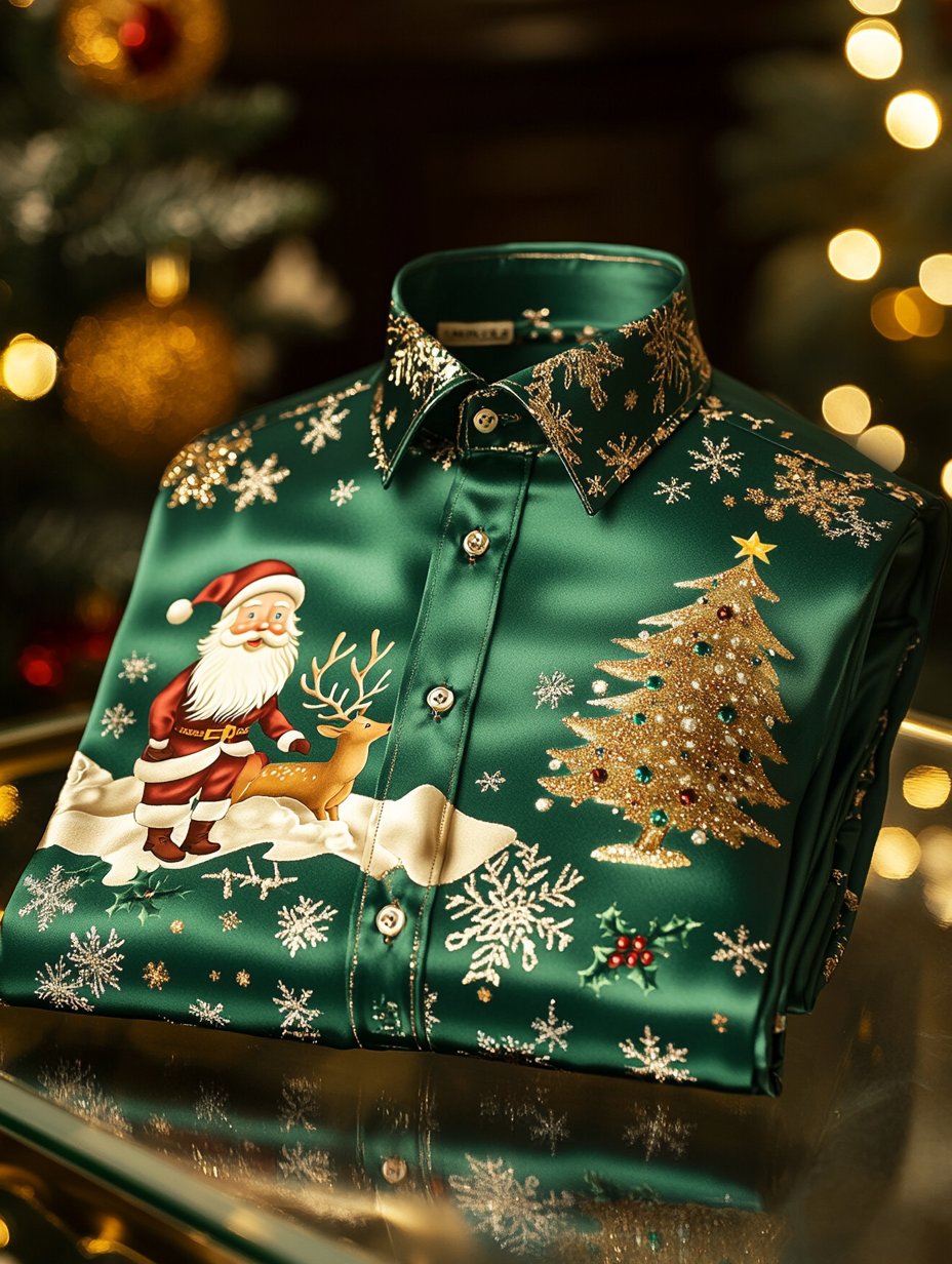 Camisa Christmas satén Luxe de manga larga con botones para hombre