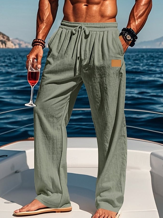 Pantalón Drawstring Elastic Waist Straight de color sólido Comfortable And transpirable para exterior Vacation Beach Vacation casual para hombre