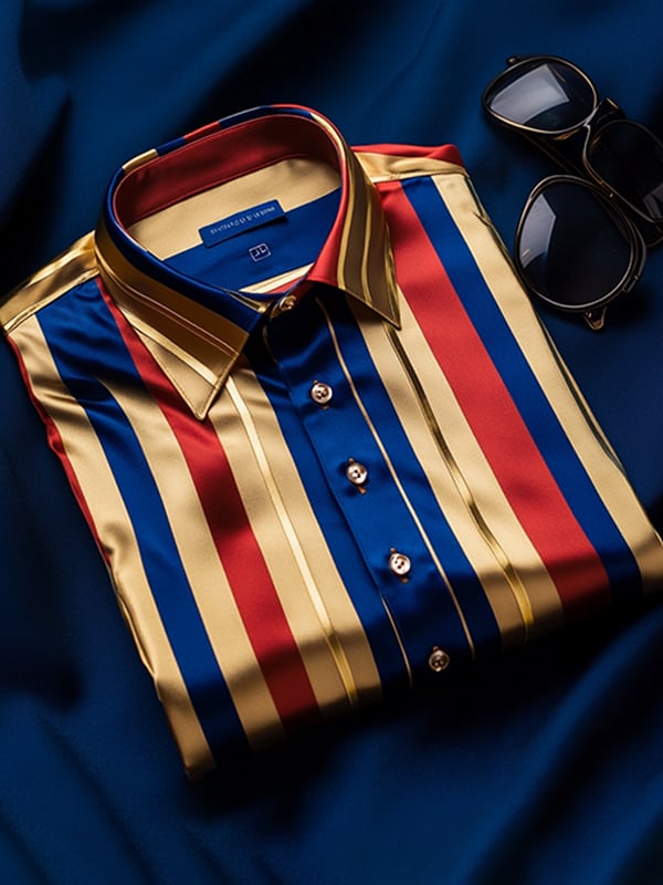 Camisa satén de lujo vintage a rayas de manga corta para hombre