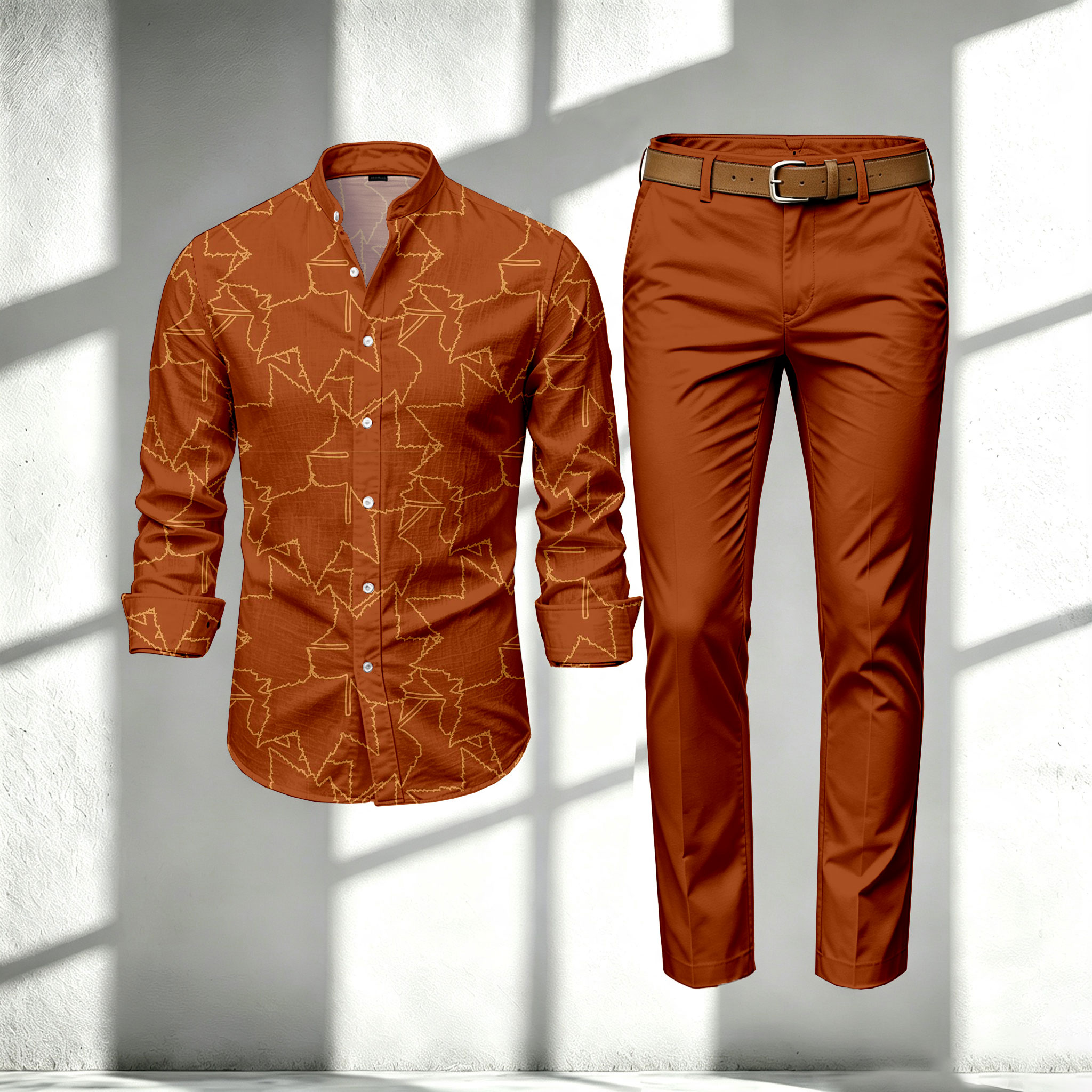 para hombre a rayas Print Stand-Collar de manga larga camisa and pantalón Set