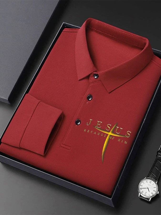 Camisa polo vintage Faith “Jesus Because Of Him” de manga largas para hombre