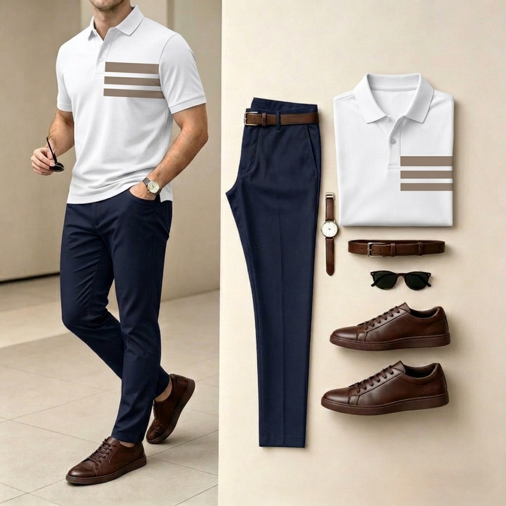 Conjunto de dos piezas White & Khaki Color Matching de manga corta camisa polo & pantalón para hombre