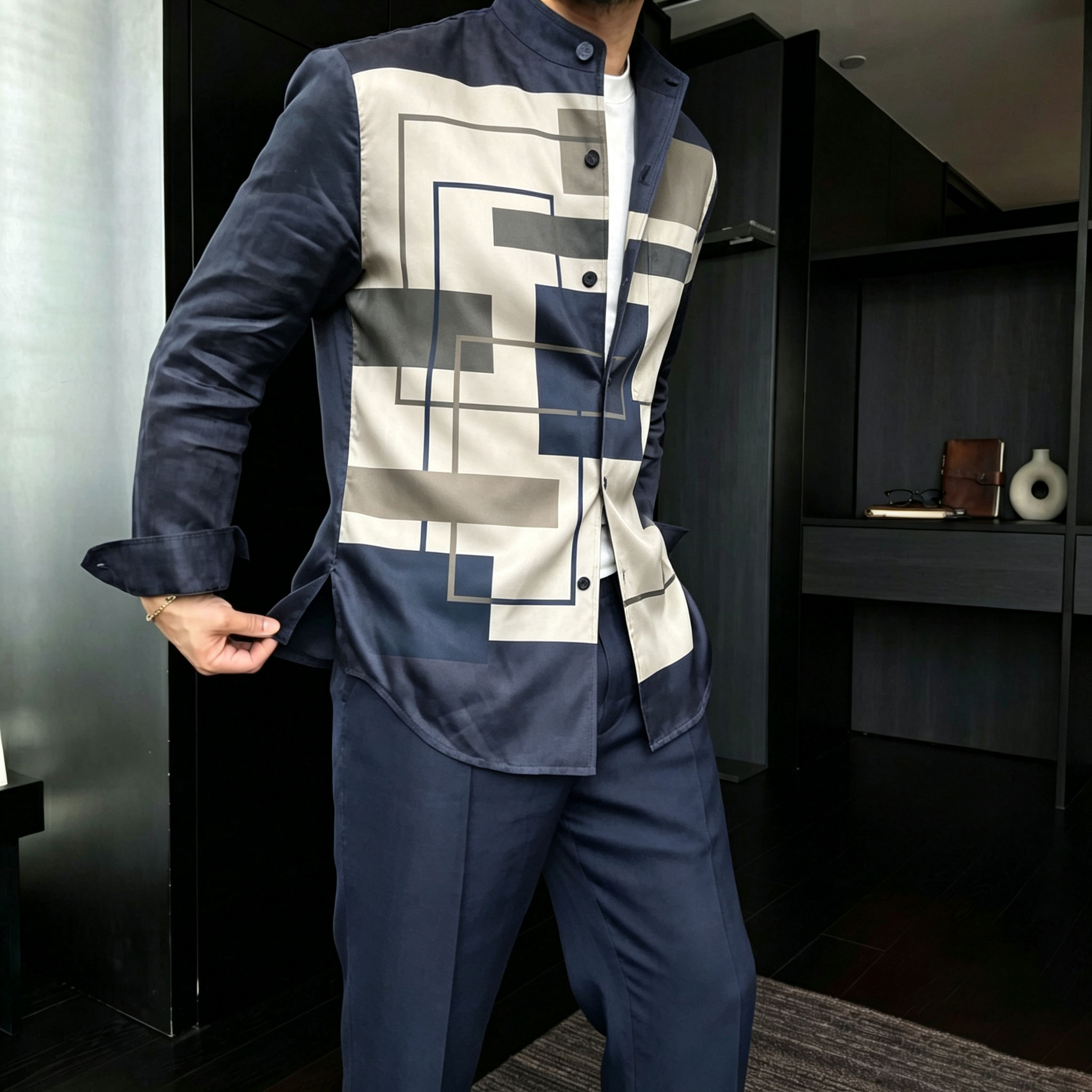 Conjunto de dos piezas casual : de manga larga camisa with Geometric estampado and Stand-Up Collar, and pantalón para hombre