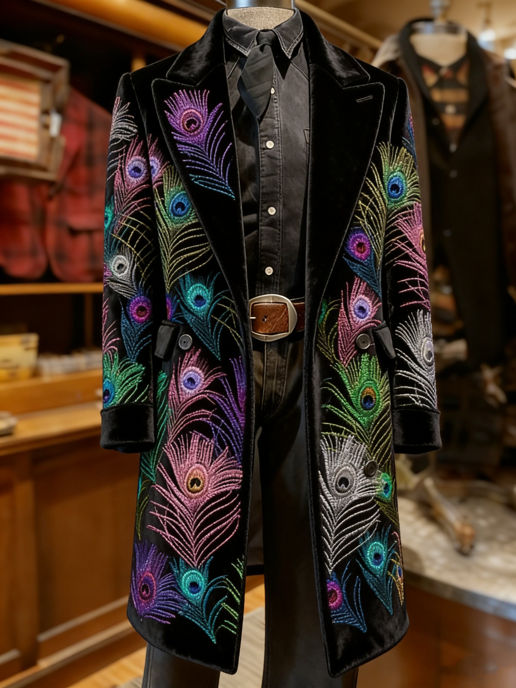 Abrigo ejecutivo vintage Mardi Gras Mask Feathers estampado Long lana para hombre