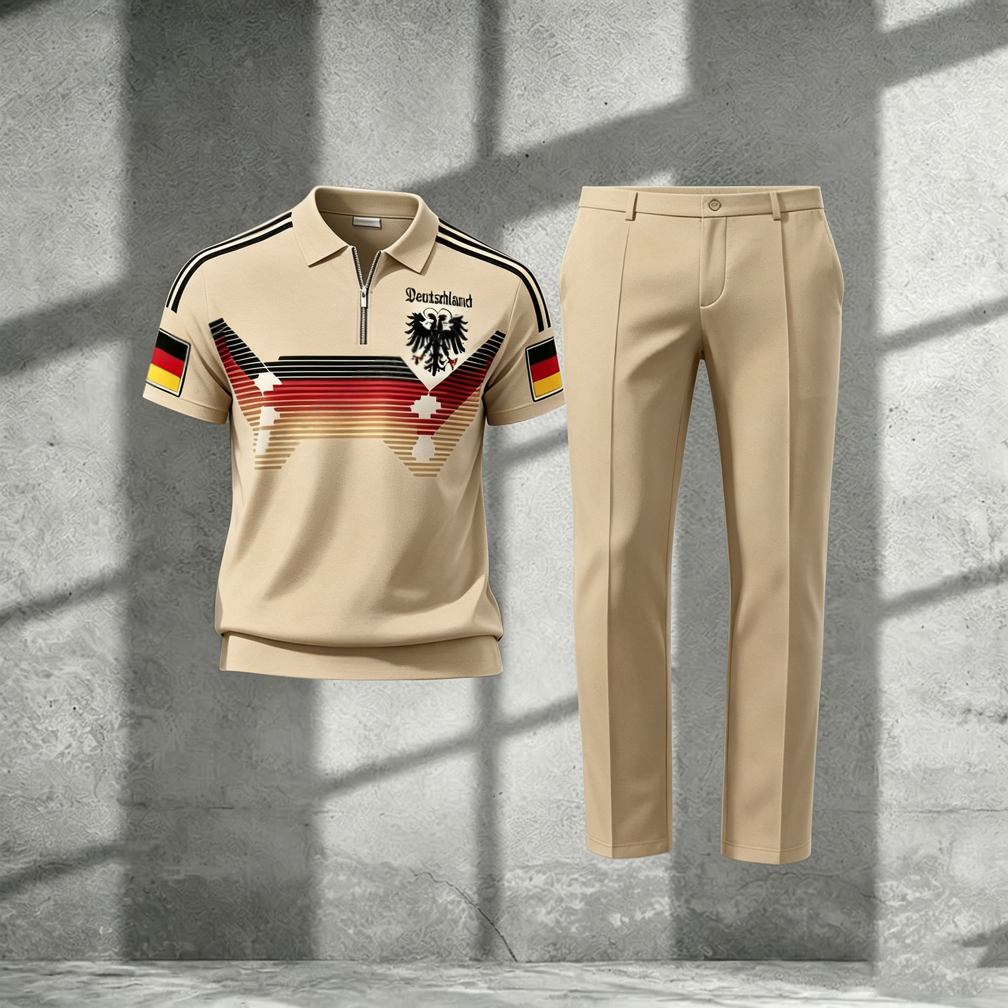 Conjunto de dos piezas casual Khaki estampado Polo de manga corta camiseta And pantalón para hombre