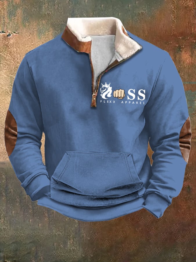 Sudadera vintage Letter Design estampado Plush Stand cuello cierre para hombre