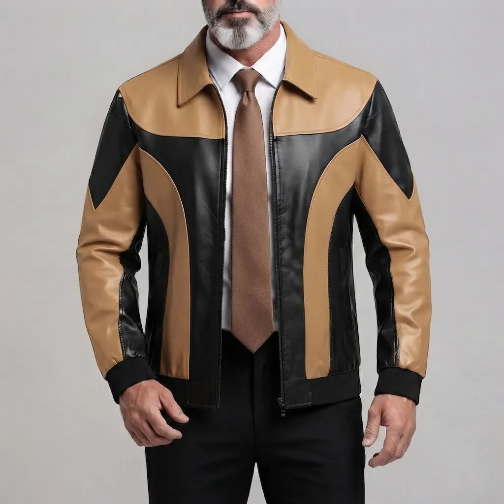 para hombre Navy Blue PU Leather Colorblock Turndown Collar con cierre chaqueta