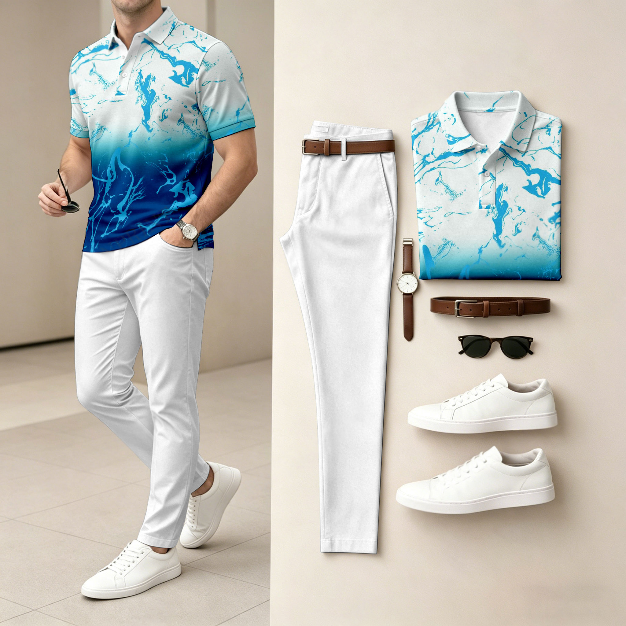 Conjunto de dos piezas casual White Lightning estampado camisa polo And pantalón para hombre