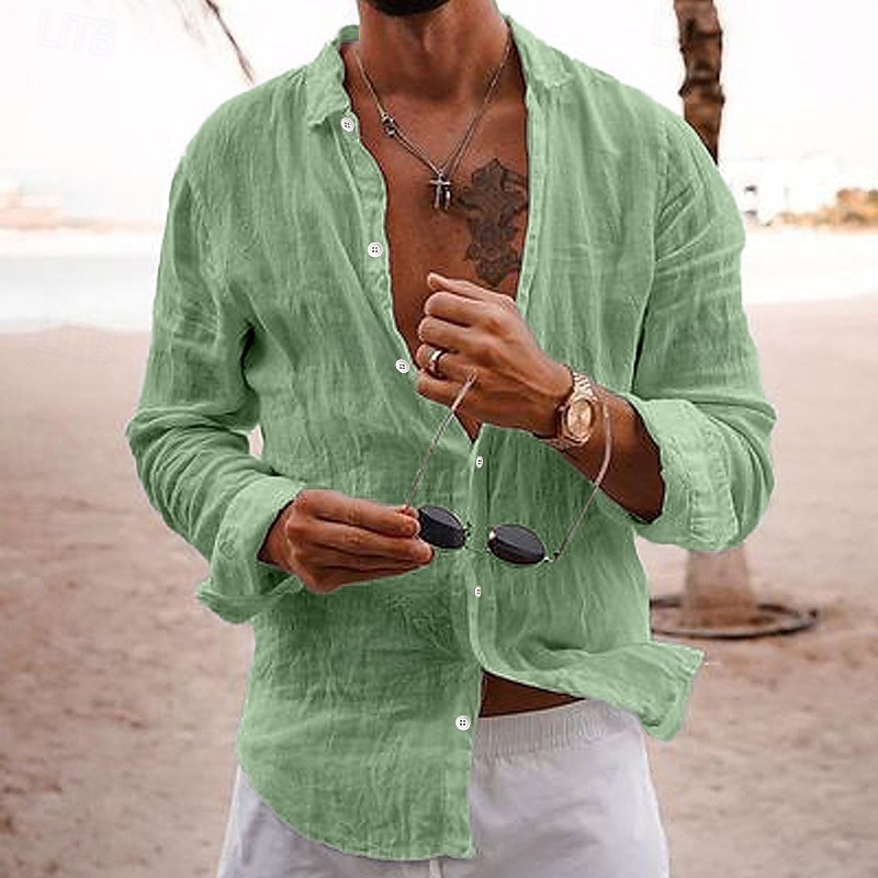 Camisa de lino casual camisa Beach camisa Button Up camisa Plain Vacation Curise Black White Pink Navy Blue de manga larga solapa Spring & Summer Clothing Apparel Basic para hombre - vista 10