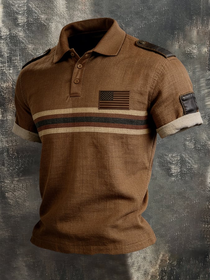 Camiseta retro Color-Block "Patriot" Polo-Collar casual de algodón-de lino para hombre