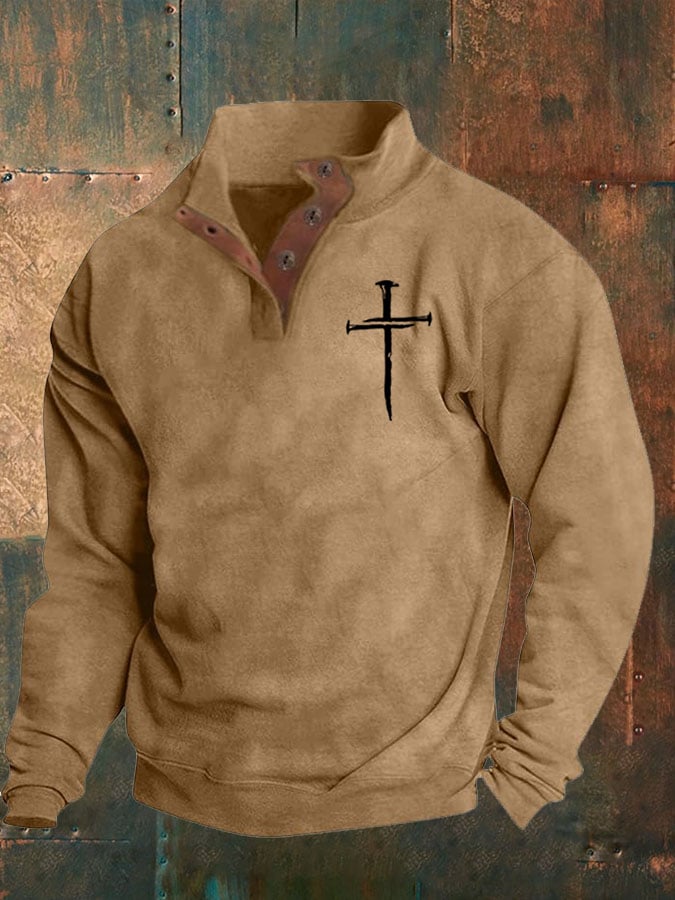 Sudadera Faith Cross estampado Stand cuello Button para hombre