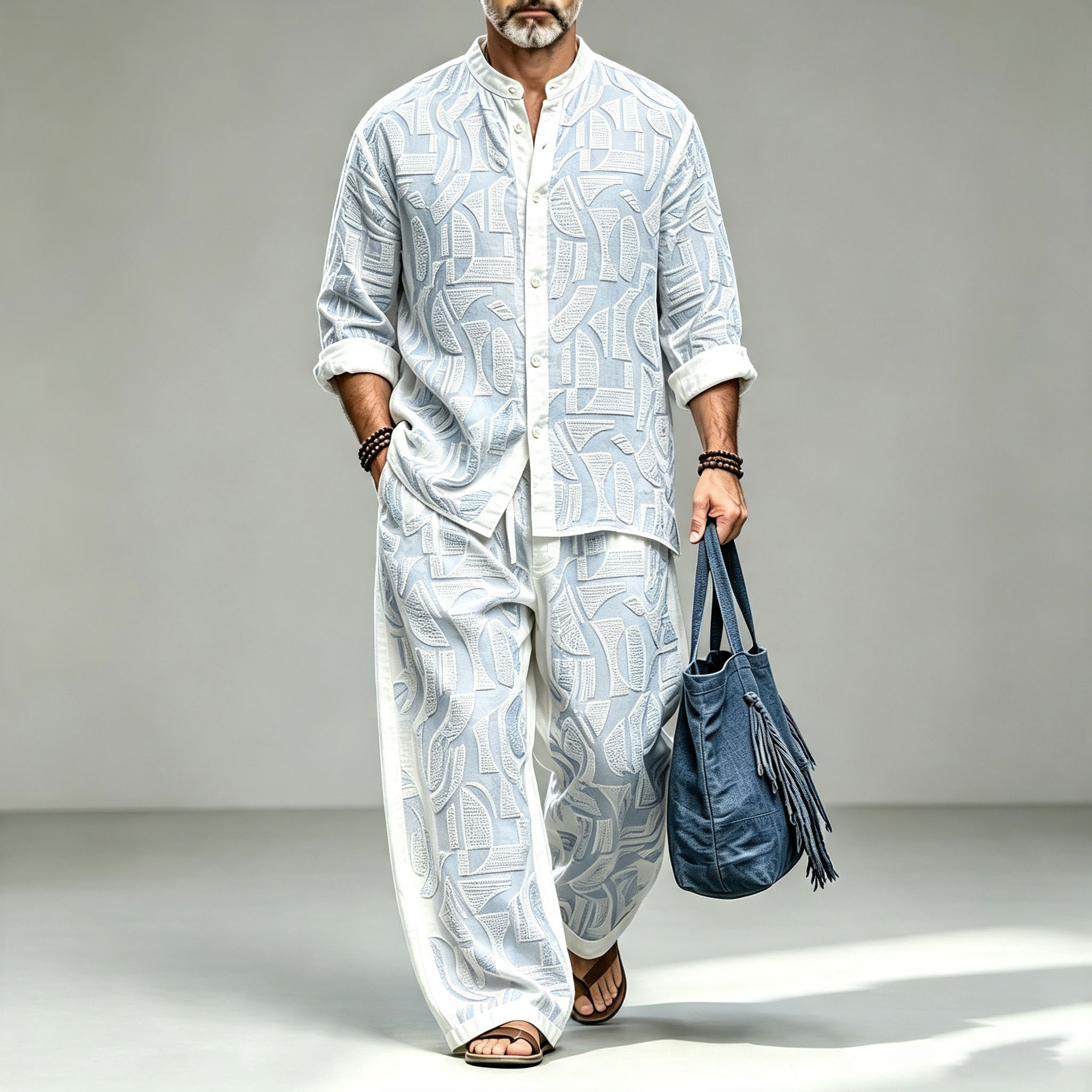 Camisa geométrico estampado Stand-cuello de manga larga and pantalón Set para hombre