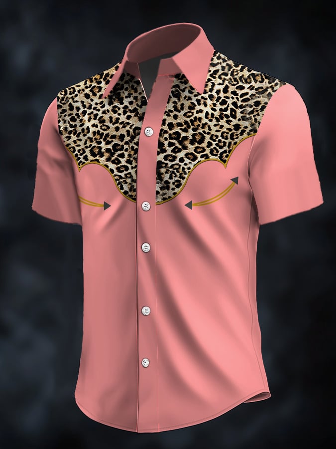 Camisa retro Western Contrast estampado de manga corta casual para hombre