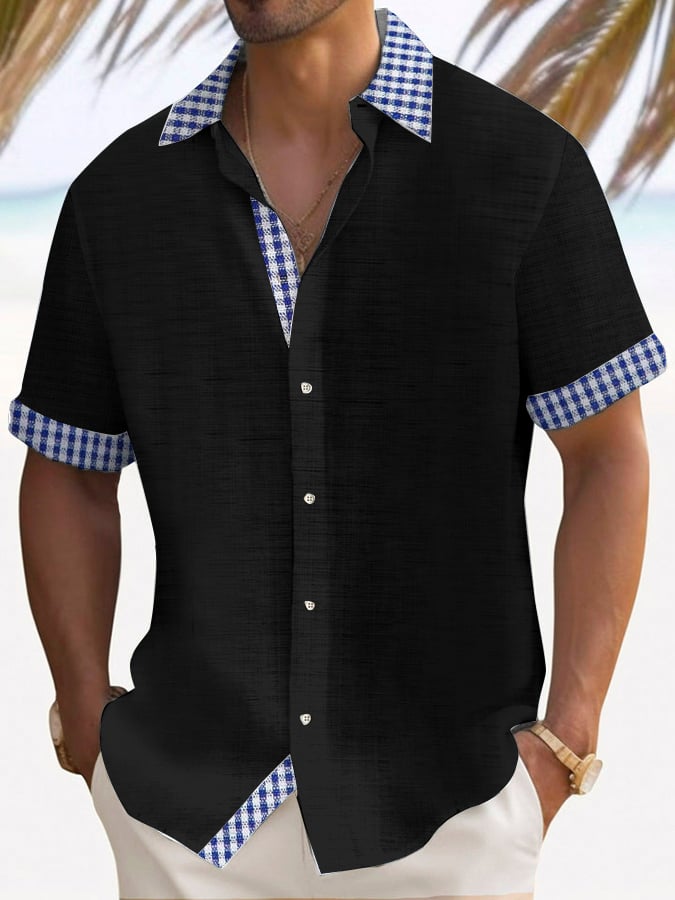 Camisa retro a cuadros Contrast Design casual de manga corta para hombre