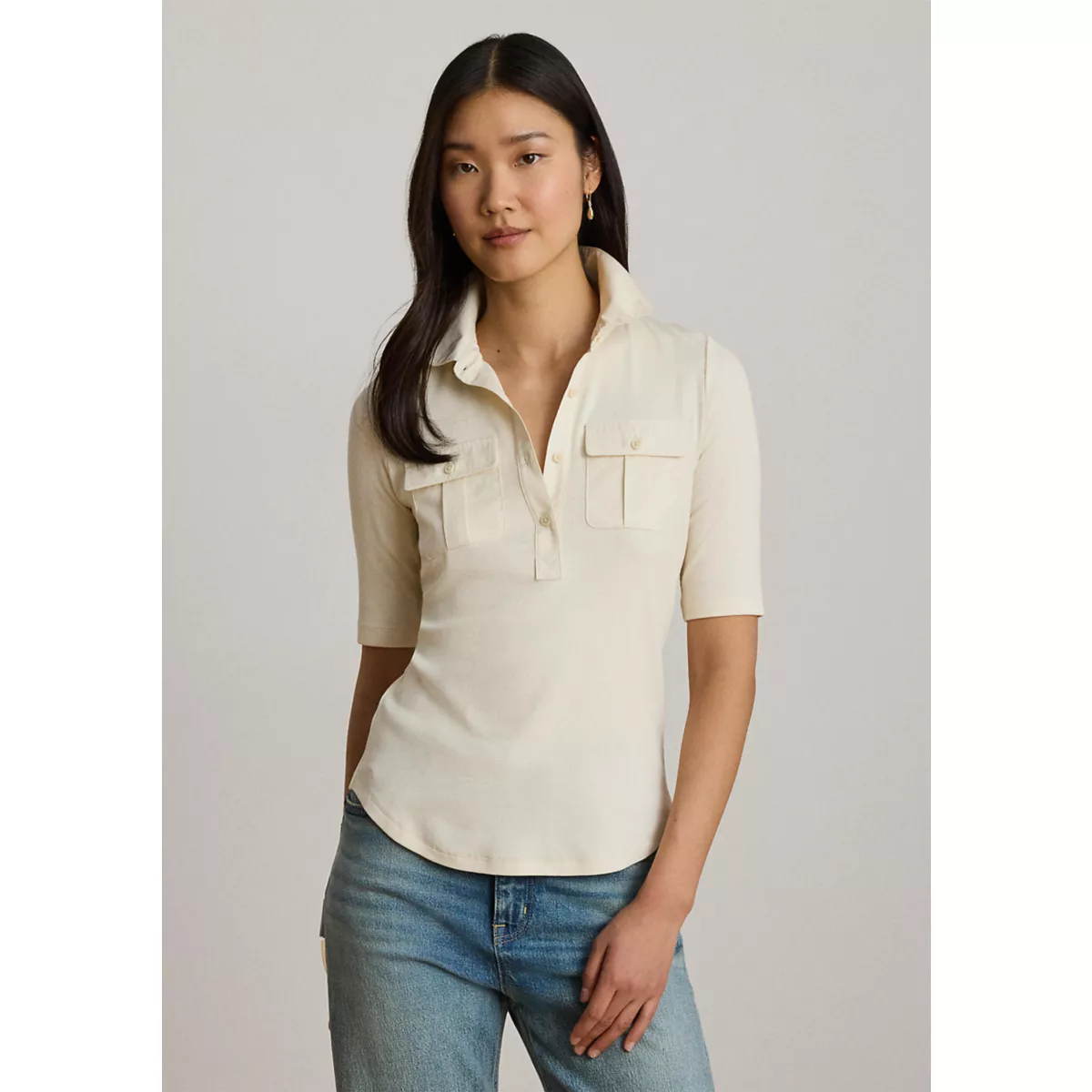 Rib-Knit Elbow-Sleeve Collared Top - 6