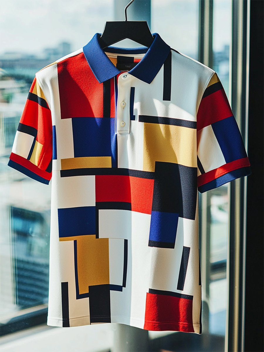 Camisa polo ejecutivo casual Bauhaus estampado Button de manga corta para hombre
