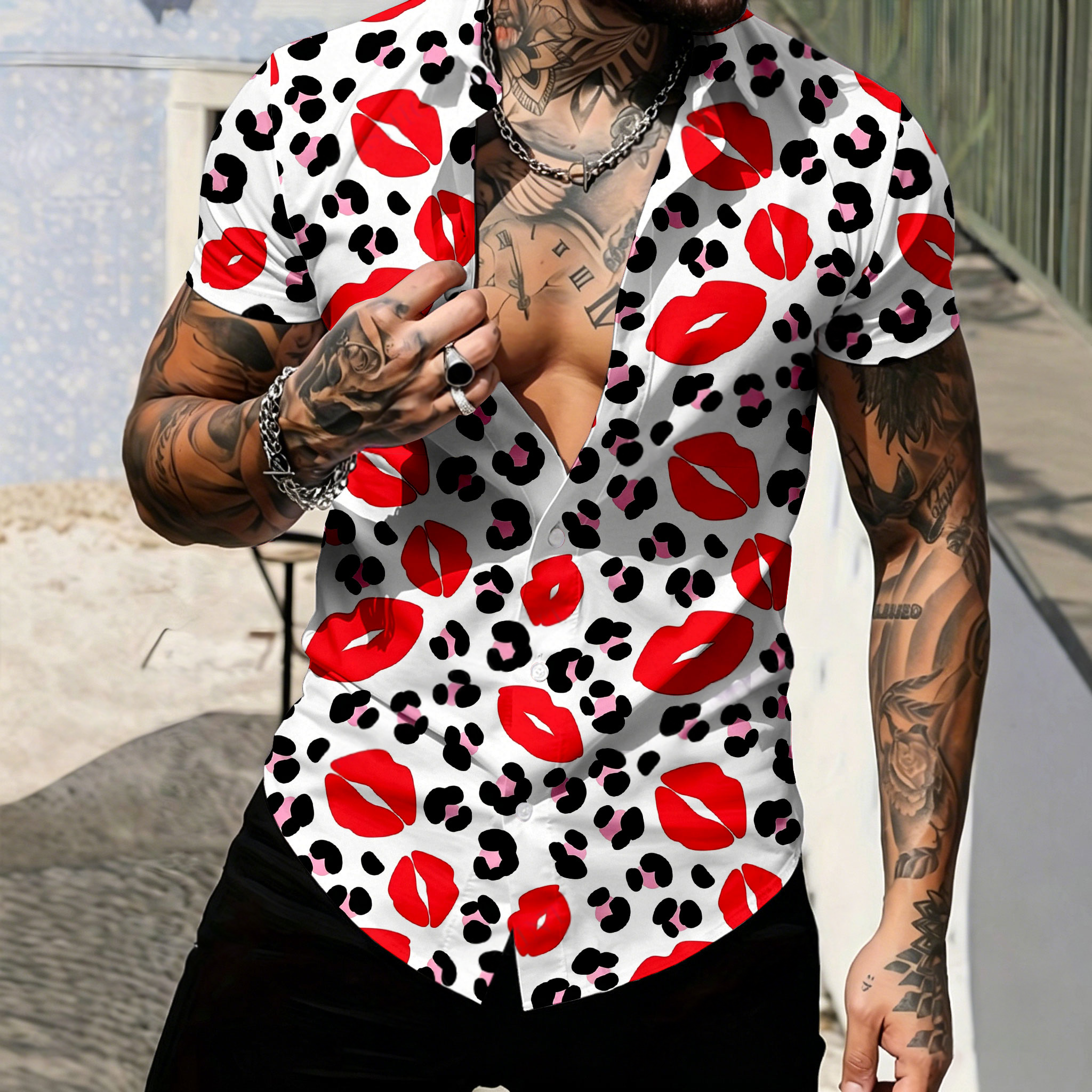 Camisa casual de manga corta With Red Lips And Leopard estampado para hombre