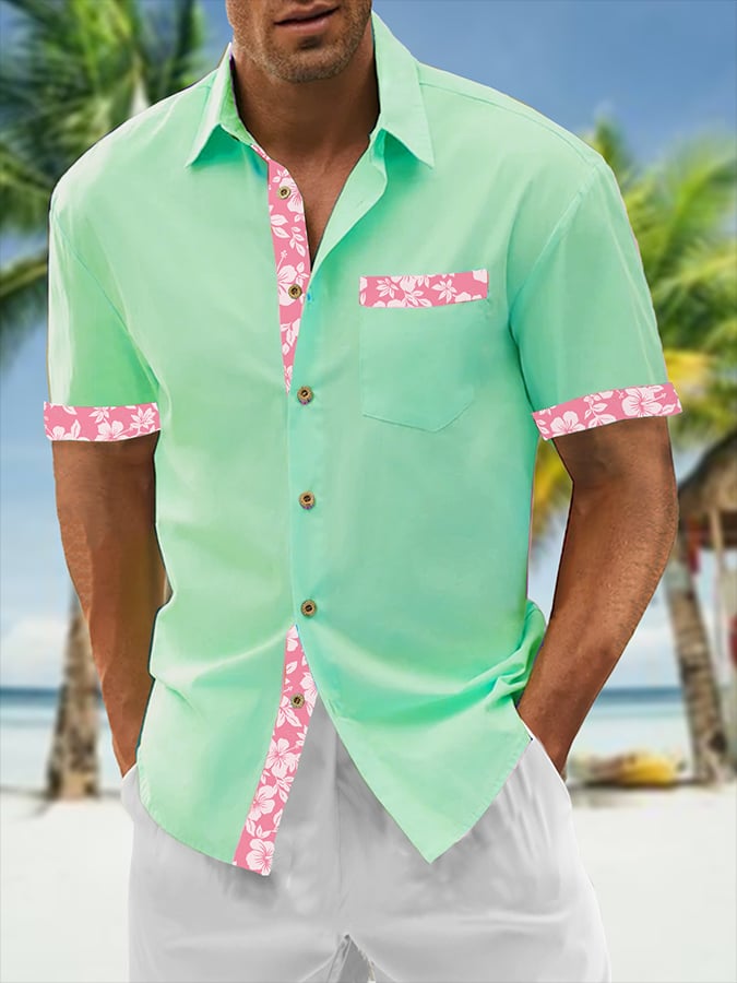 Camisa Resort Style Contrast estampado casual de manga corta para hombre