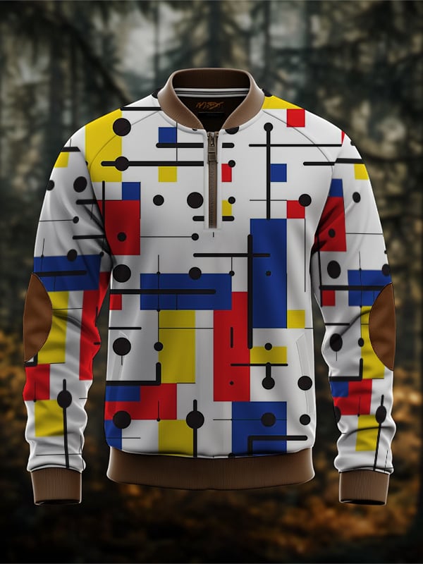 Sudadera retro Mondrian en bloques de color estampado Zip cuello para hombre