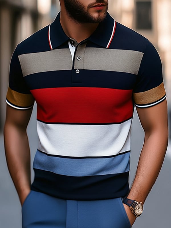 Camisa polo ejecutivo rayas Logo con botones de manga corta para hombre
