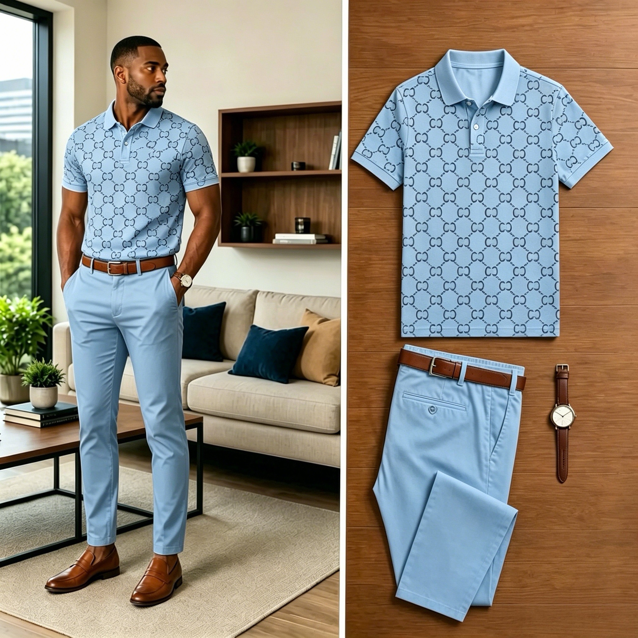 Conjunto de dos piezas casual Light Blue floral estampado camisa polo And pantalón para hombre