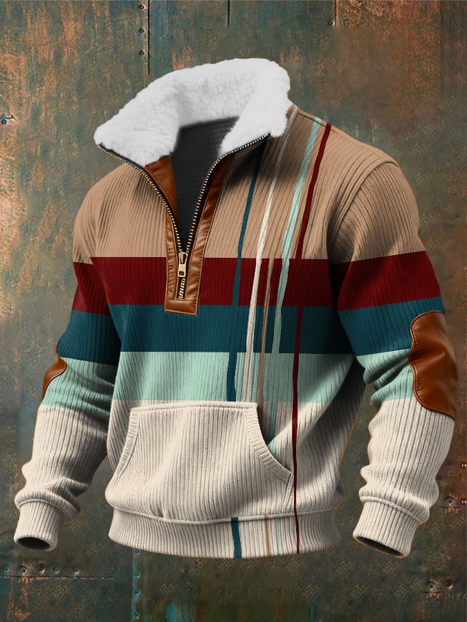 Sudadera retro Abstract Art estampado cierreed Fur cuello bolsillo Patchpara trabajo de manga larga para hombre