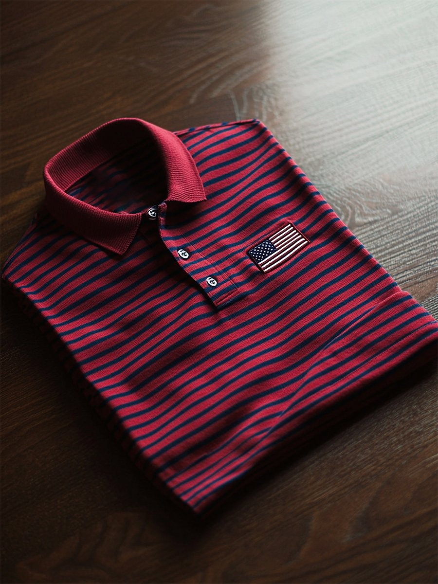Camisa polo ejecutivo casual a rayas Independence Day Button de manga corta para hombre