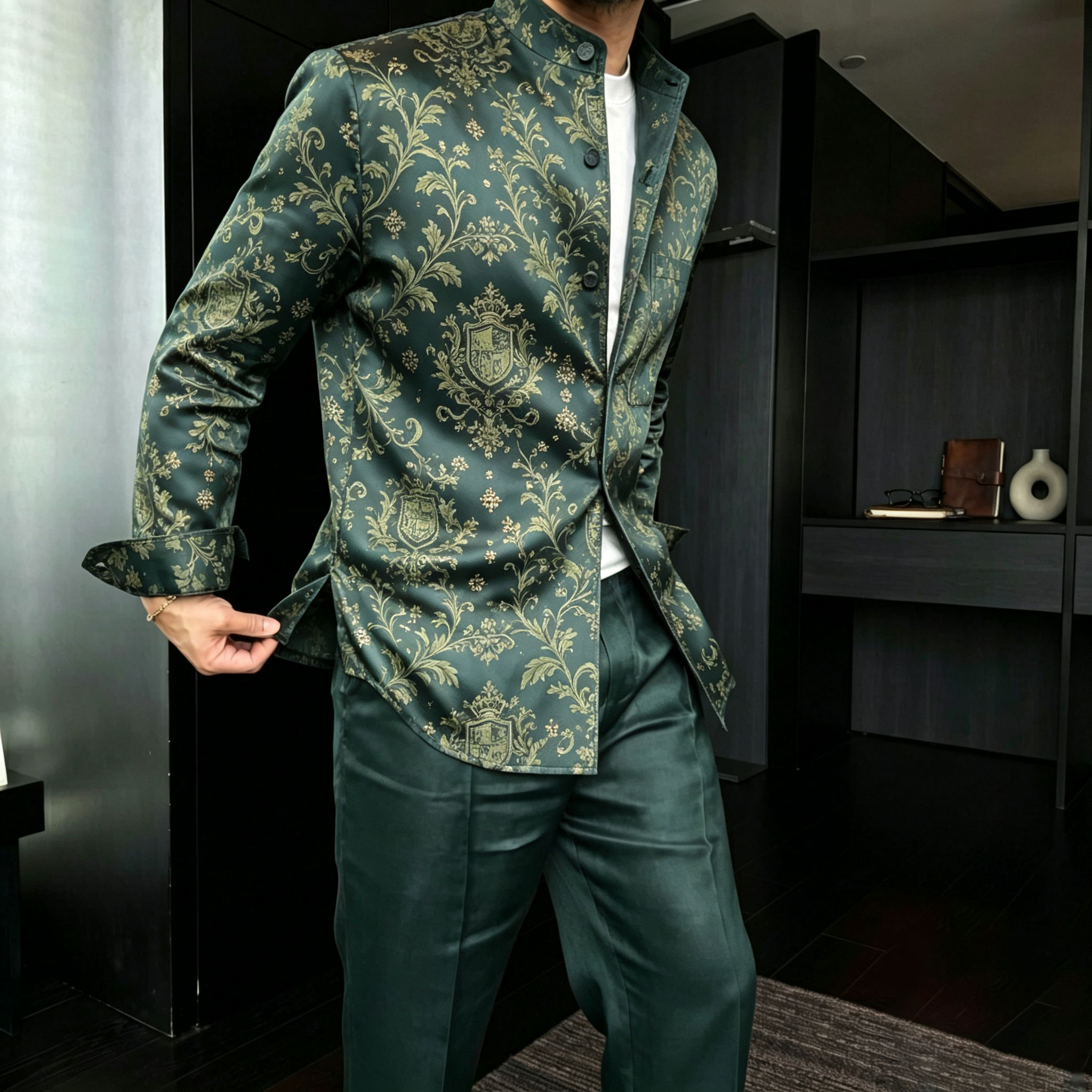 Conjunto de dos piezas casual Subtle-Patterned estampado Stand-Collar de manga larga camisa and pantalón para hombre