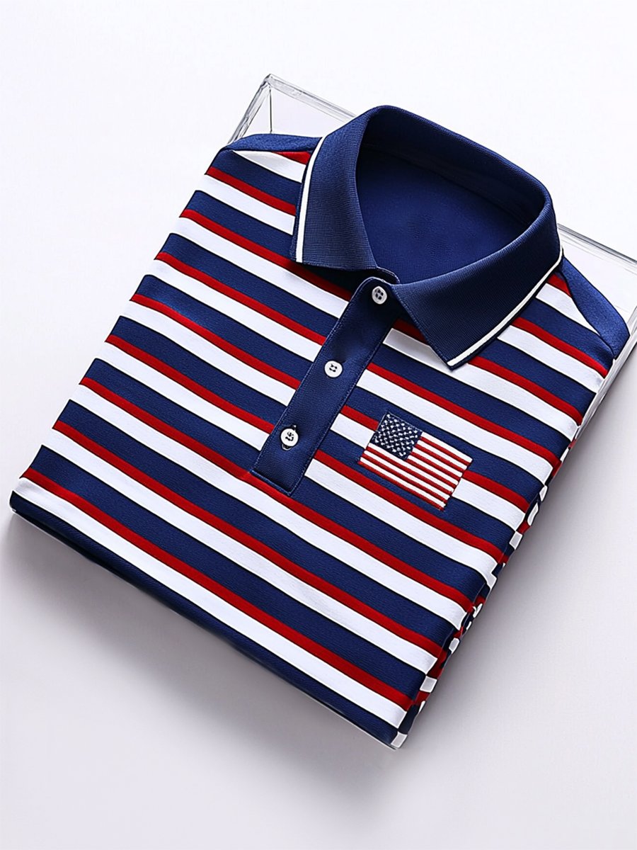 Camisa polo ejecutivo casual Independence Day a rayas Button de manga corta para hombre