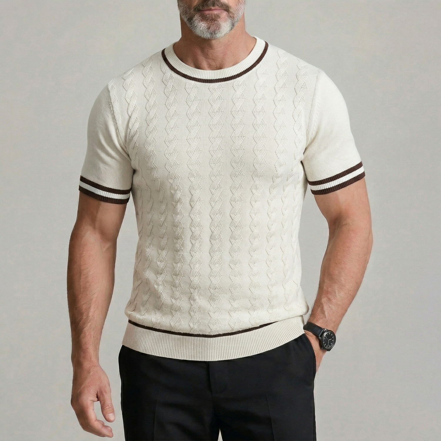 Camiseta casual de color sólido Crew Neck Twisted Cable tejido Tight Fit para hombre