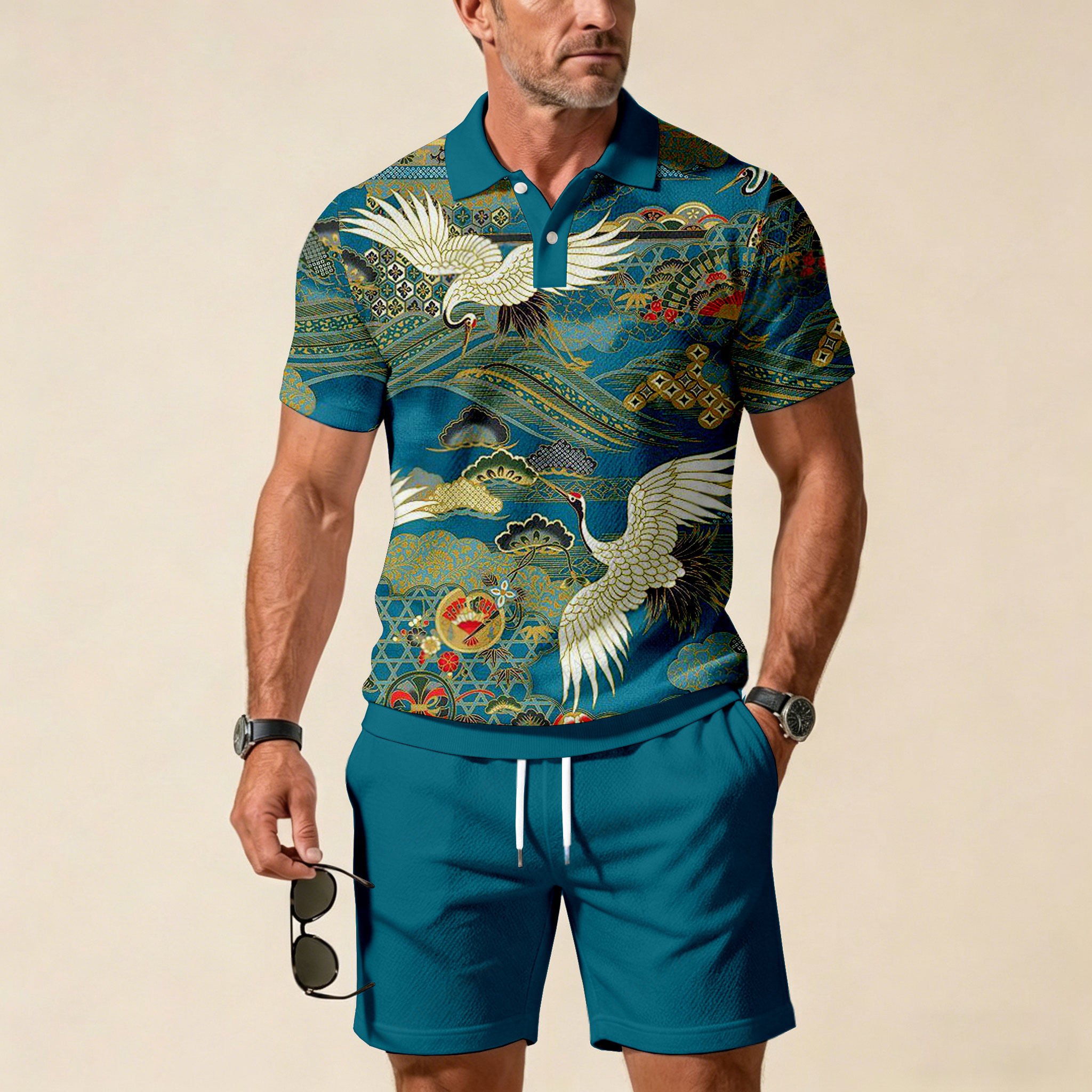 Conjunto de dos piezas casual Dark Green Crane Color Matching estampado de manga corta Zipper camisa polo & shorts para hombre