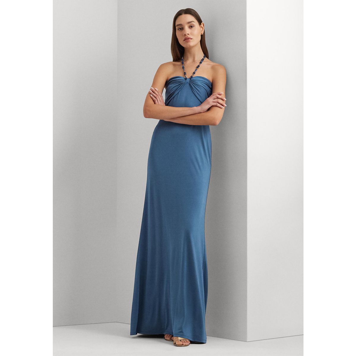 Bead-Trim Jersey Halter Gown - 1