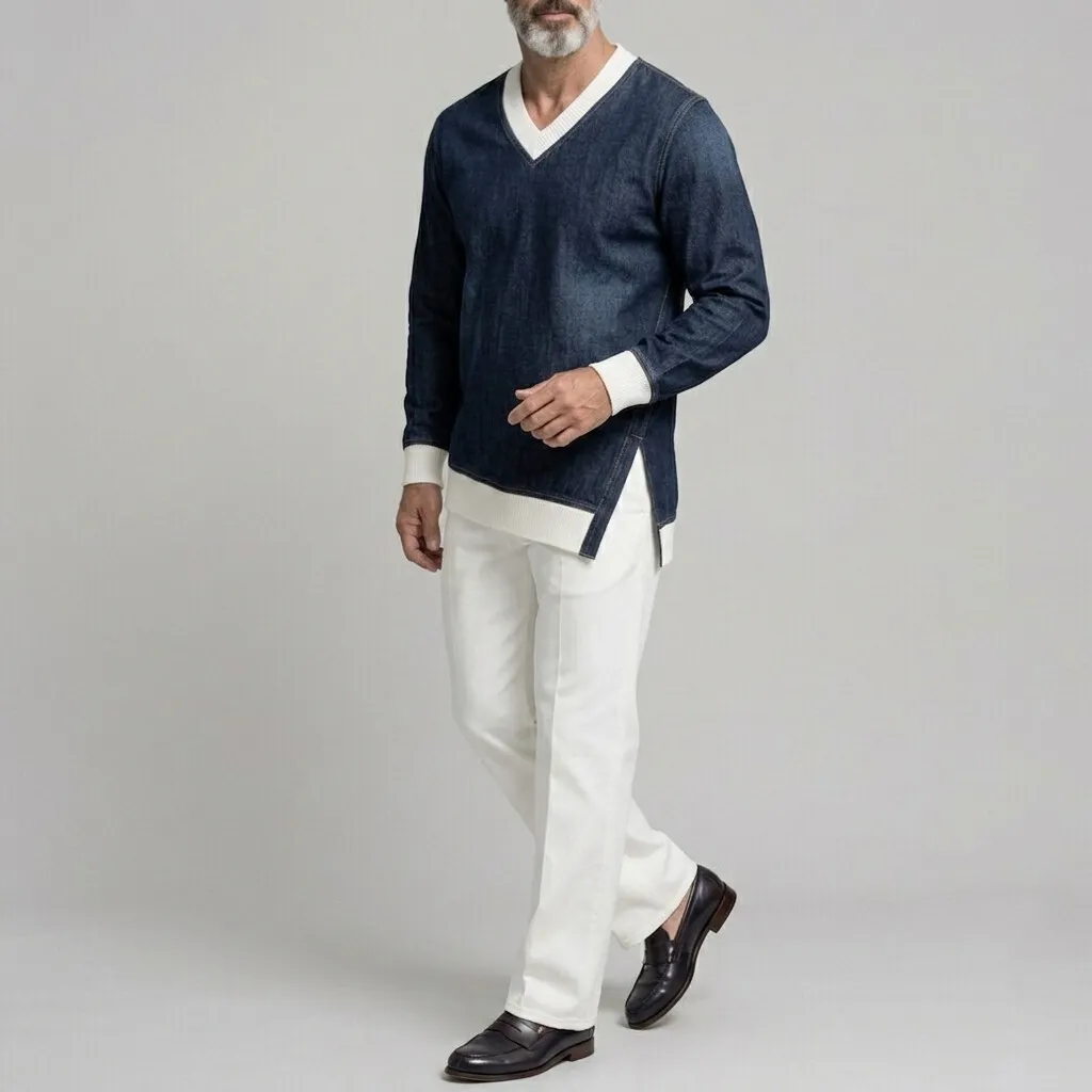 para hombre casual V Neck Contrast Rib tejido Trim Side Split de manga larga Denim Sweacamiseta