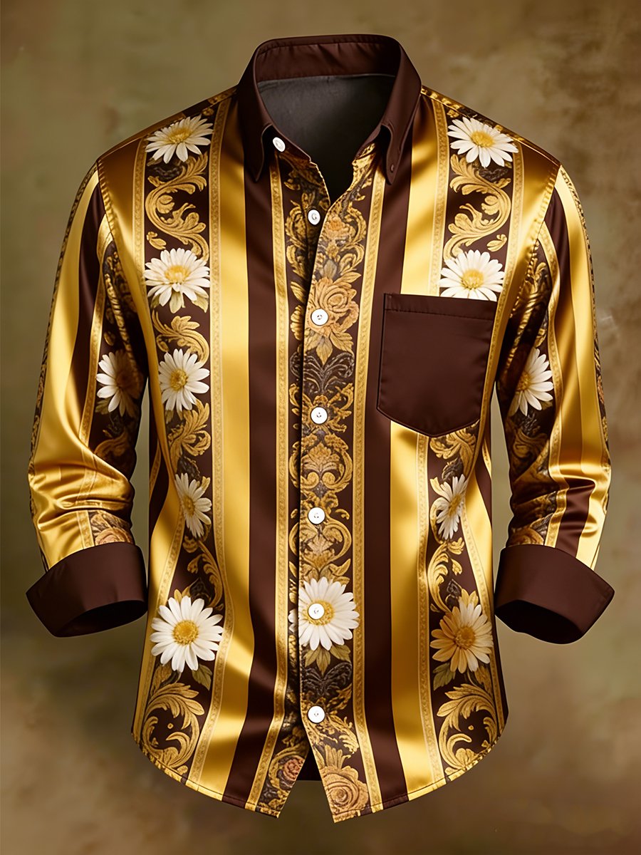 Camisa ejecutivo de manga larga With Chrysanthemum diseño And a rayas bolsillos para hombre