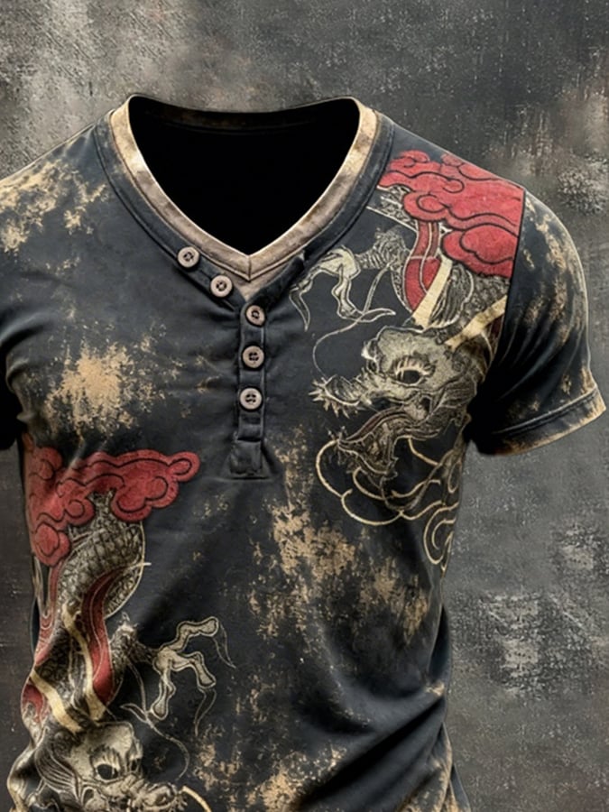 Retro estampado en bloques de color Double-Layer V-Neck de manga corta Top para hombre