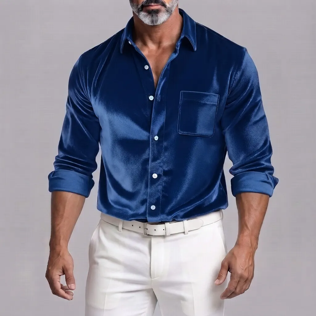 para hombre Velvet de color sólido con botones Chest Pocket de manga larga camisa