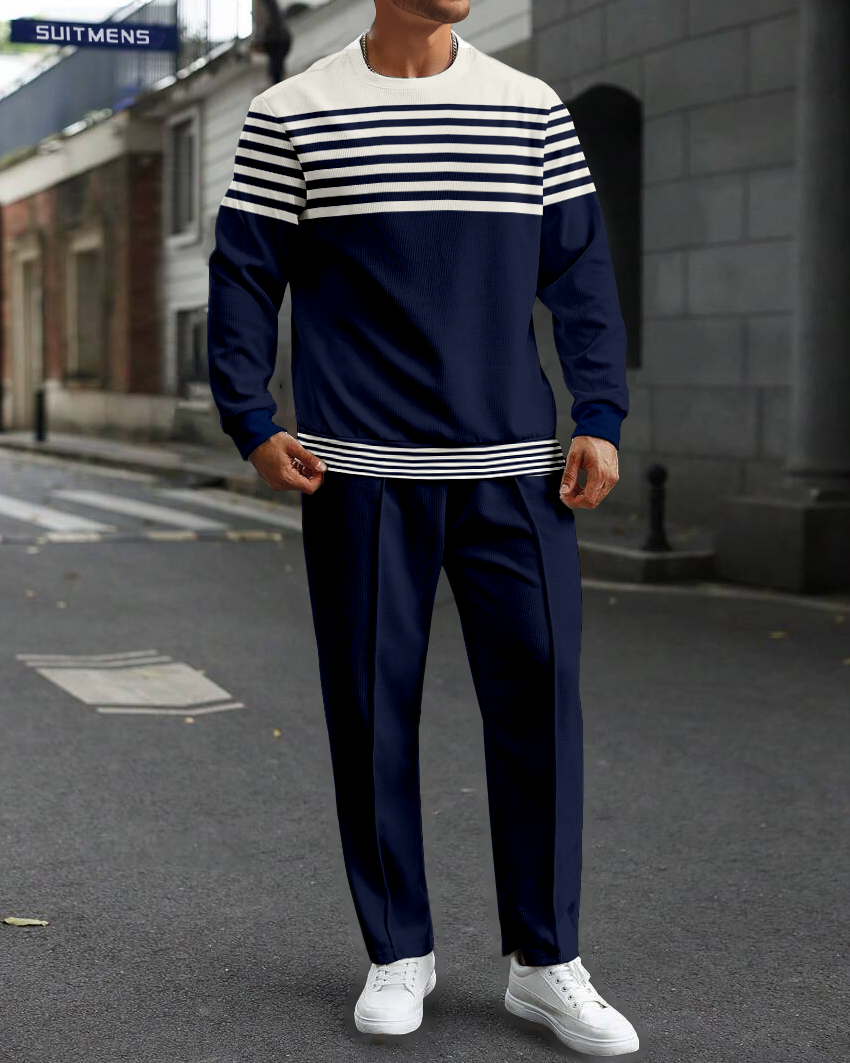 Dark Blue Round Neck casual Sports Set 072 para hombre