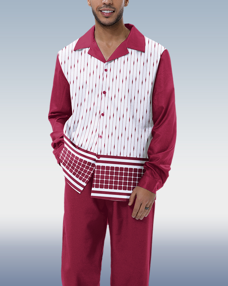 Suitmens Burgundy Abstract estampado 2-Piece de manga larga Suit 002 para hombre
